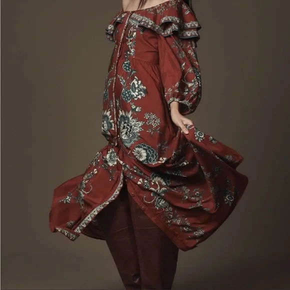 NWT Burgundy off the shoulder, ruffle, blue and white floral pattern maxi dress - Picture 2 of 4